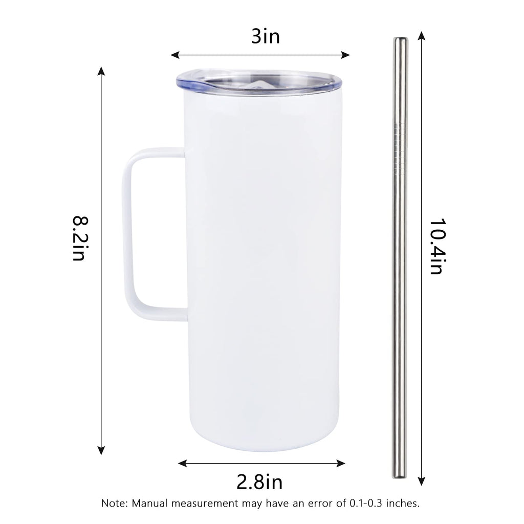 MAIKESUB 4 Pcs Sublimation Blank Skinny Tumbler 20 OZ White Mugs with Handle and Straw Double Wall Stainless Steel Coffee Travel Straight Mug with Sliding