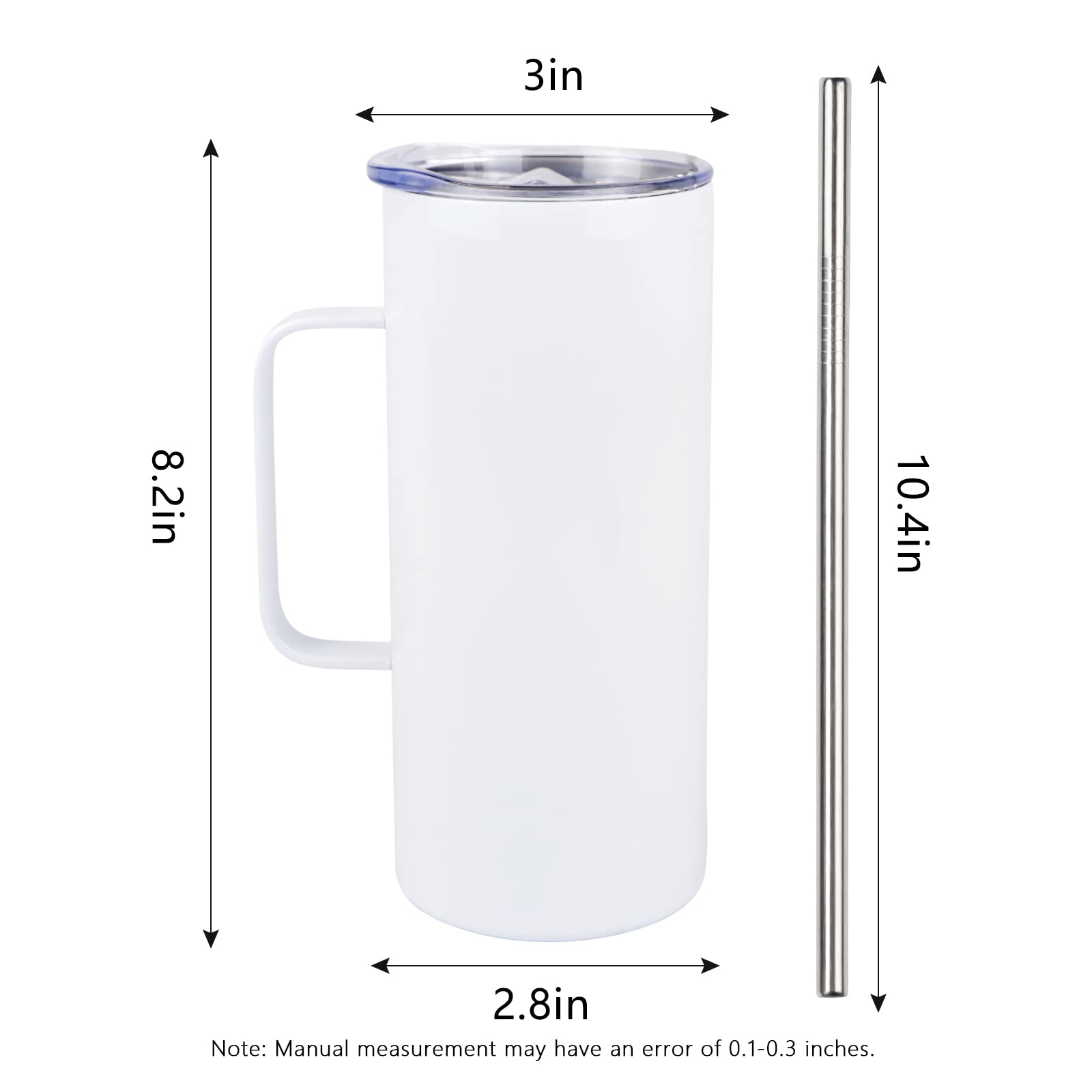 MAIKESUB 4 Pcs Sublimation Blank Skinny Tumbler 20 OZ White Mugs with Handle and Straw Double Wall Stainless Steel Coffee Travel Straight Mug with Sliding