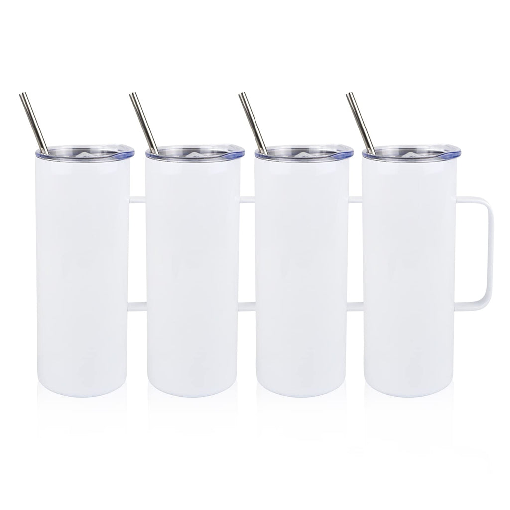 MAIKESUB 4 Pcs Sublimation Blank Skinny Tumbler 20 OZ White Mugs with Handle and Straw Double Wall Stainless Steel Coffee Travel Straight Mug with Sliding