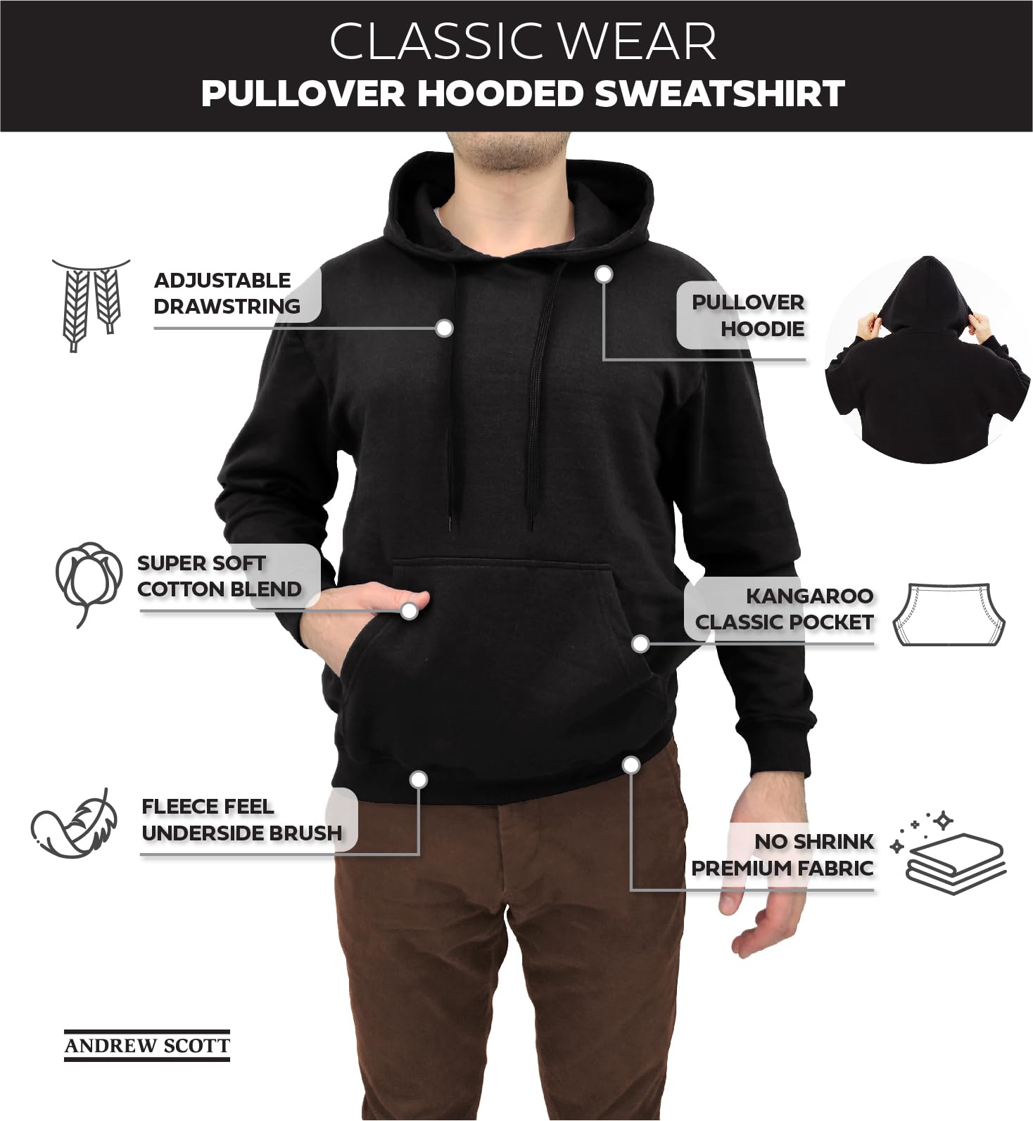 Andrew Scott Cotton Hoodie, Soft Midweight Fleece, Pullover Hooded Sweatshirt for Men - Talla (M) Multi Packs (2Pcs)