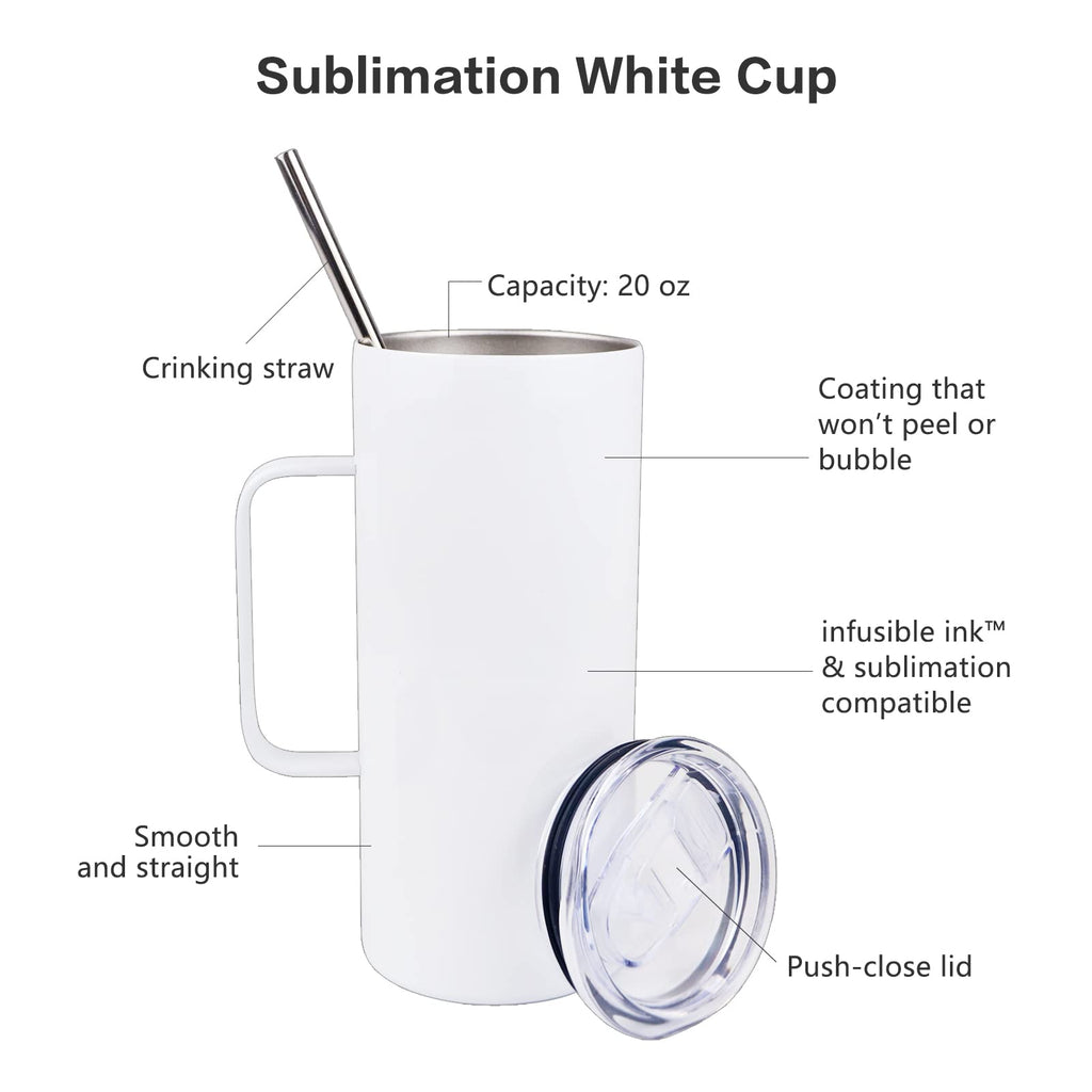 MAIKESUB 4 Pcs Sublimation Blank Skinny Tumbler 20 OZ White Mugs with Handle and Straw Double Wall Stainless Steel Coffee Travel Straight Mug with Sliding