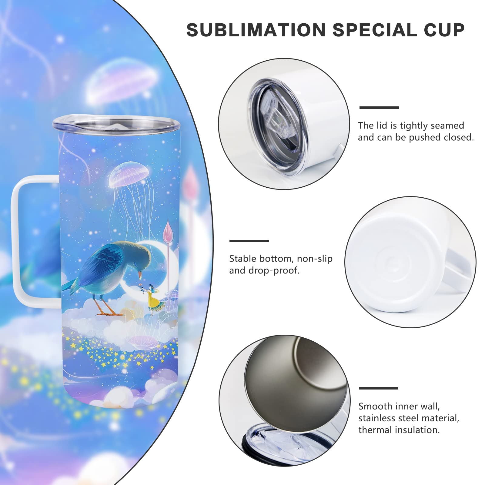 MAIKESUB 4 Pcs Sublimation Blank Skinny Tumbler 20 OZ White Mugs with Handle and Straw Double Wall Stainless Steel Coffee Travel Straight Mug with Sliding