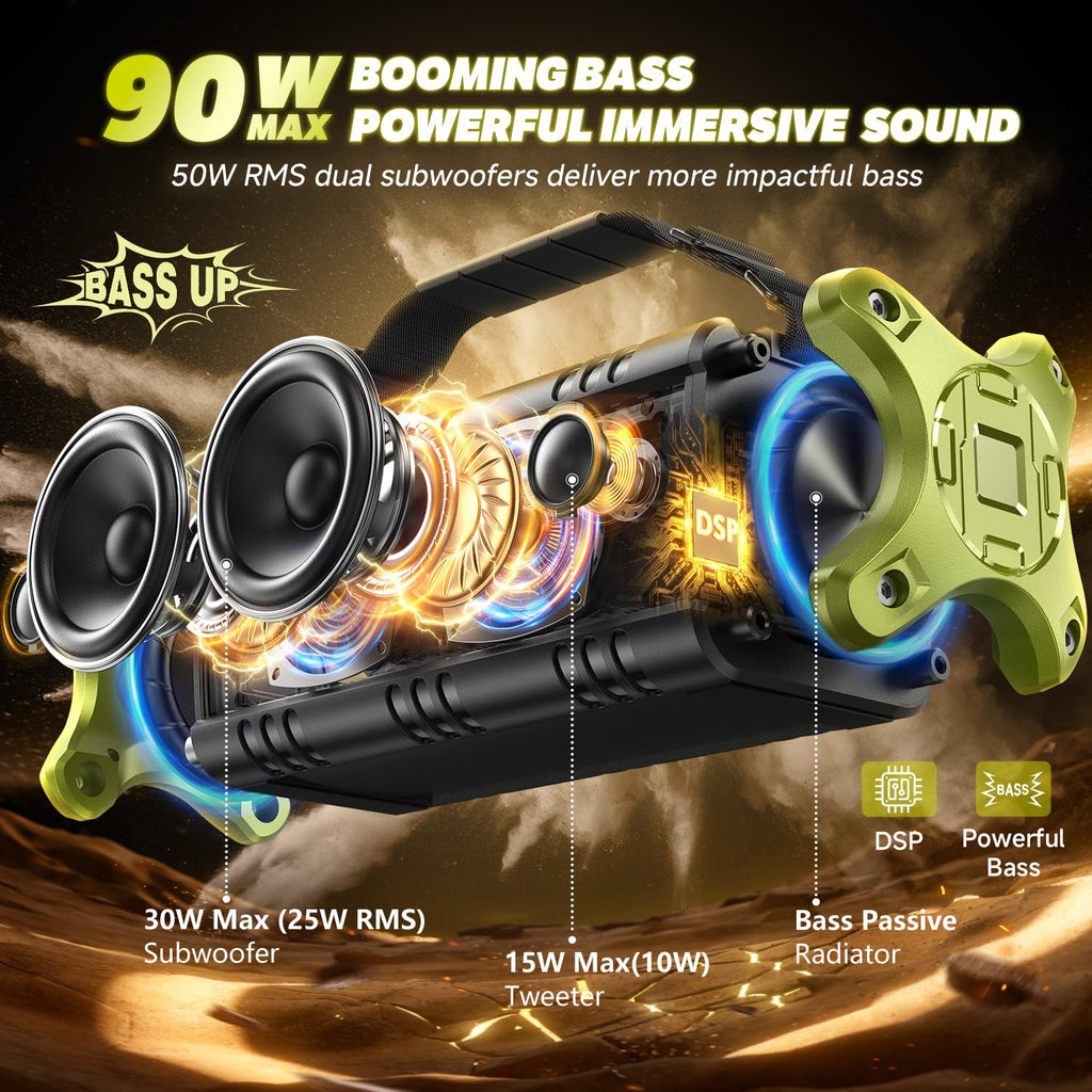 Bluetooth Speaker, 90W Max Outdoor Speaker, Loud Portable Speakers Wireless with 50W Deep Bass, Large Boombox Sound, IPX6 Waterproof, 40H, EQ, Dual Pairing, Subwoofer *2,TF, for Beach/Garage/Jobsite