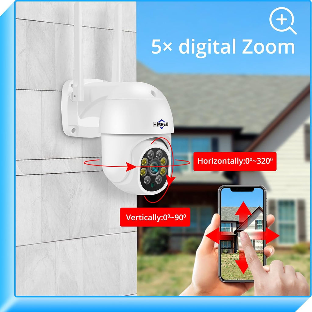 Hiseeu 3MP Security Camera Outdoor,WiFi Camera, Auto Tracking&Light Alarm Floodlight & Color Night Vision,Two-Way Audio, Plug-in Cable,Compatible Wireless System