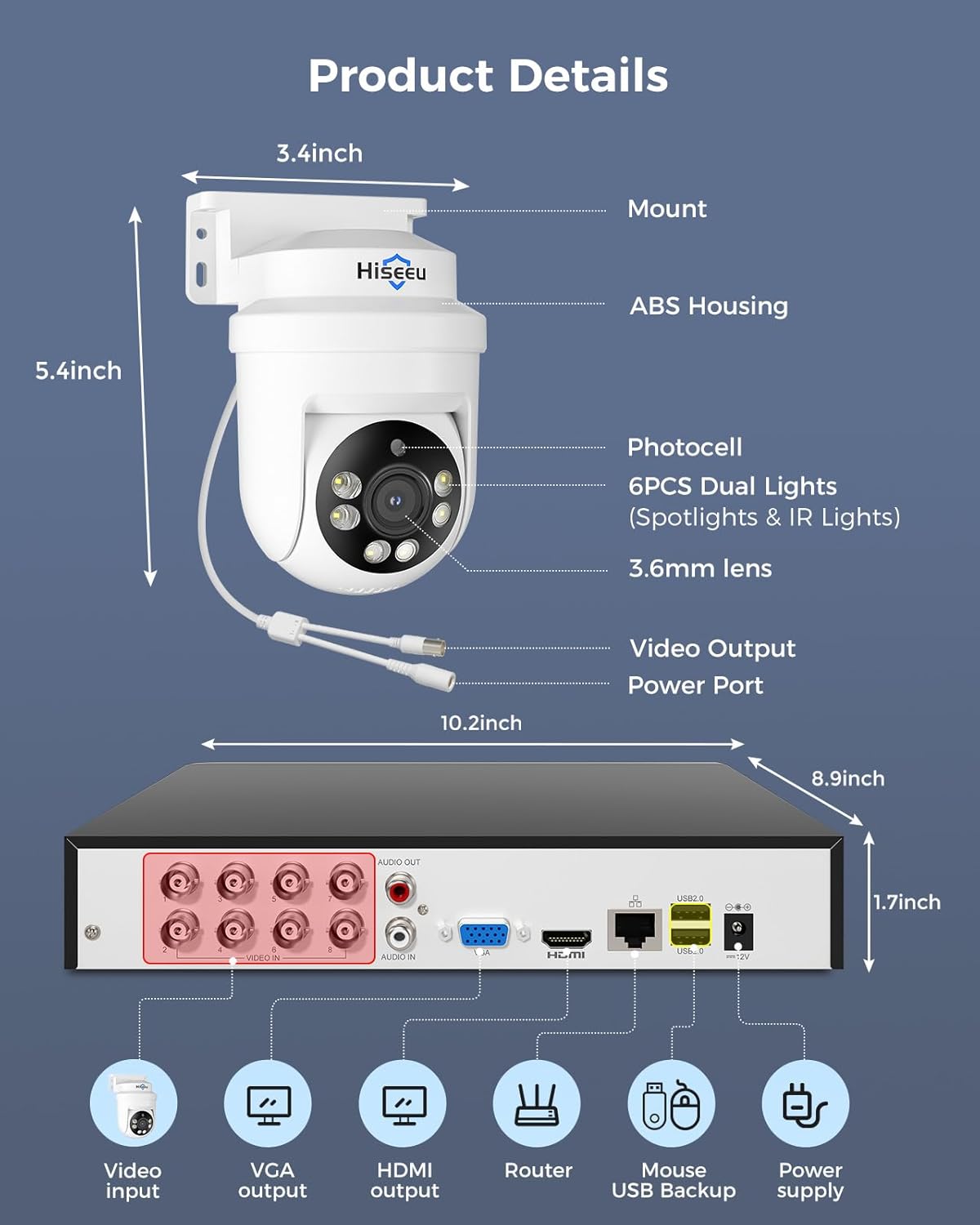 Hiseeu 3K PTZ Wired Security Camera System Outdoor with Color Night Vision,Audio,8 x 5MP IP67 CCTV Cameras,5MP DVR 8CH,360°Coverage,Person/Vehicle Detection,Alarm Spotlight,3TB HDD,24/7 Recording