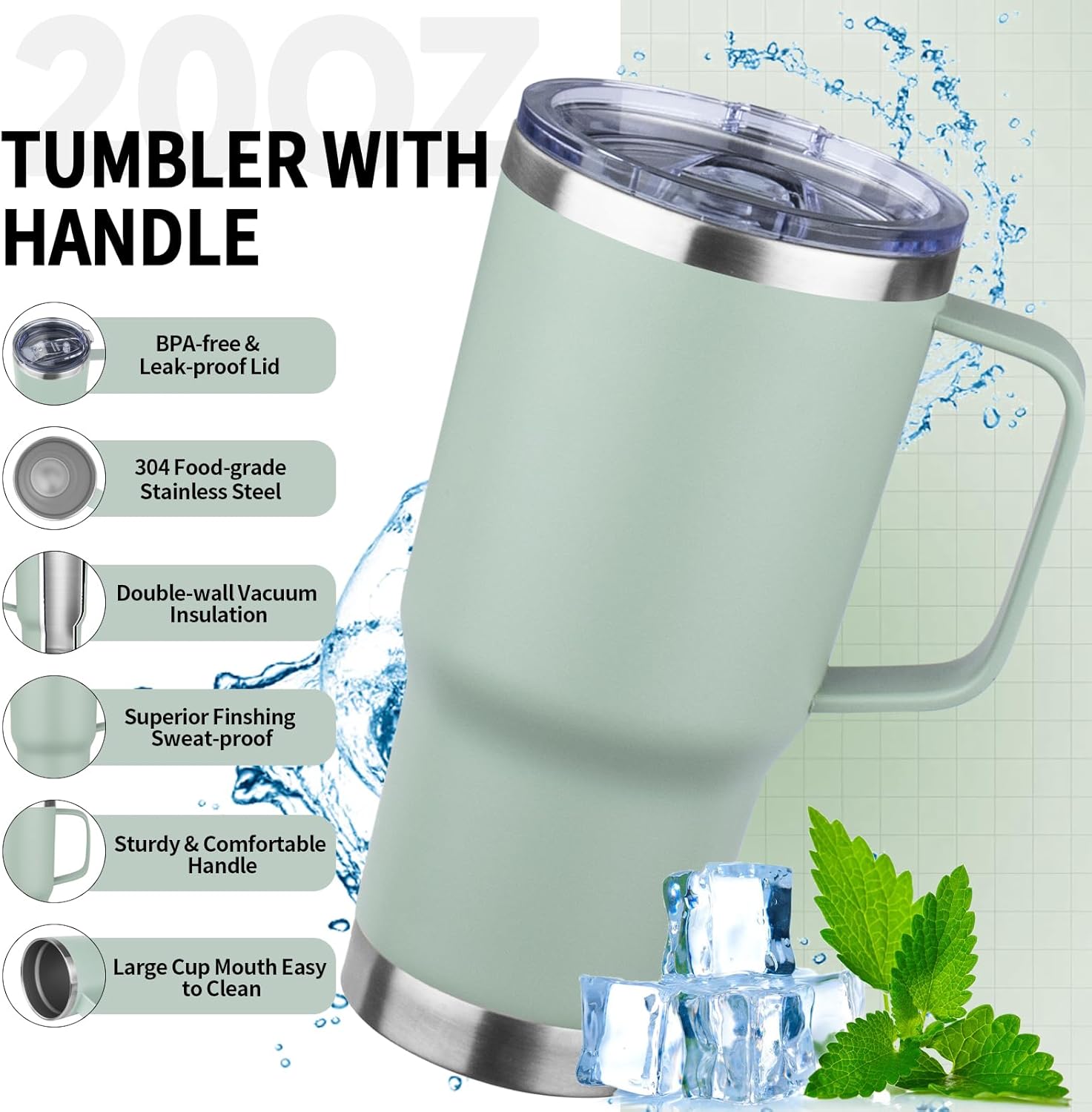 Personalizado - 20oz Insulated Tumbler with Handle Stainless Steel Travel Coffee Mug with Lid anPersonalizado - d Straw Double Wall Vacuum Leak-proof Reusable Thermal Water Cup for Hot and Cold Drinks